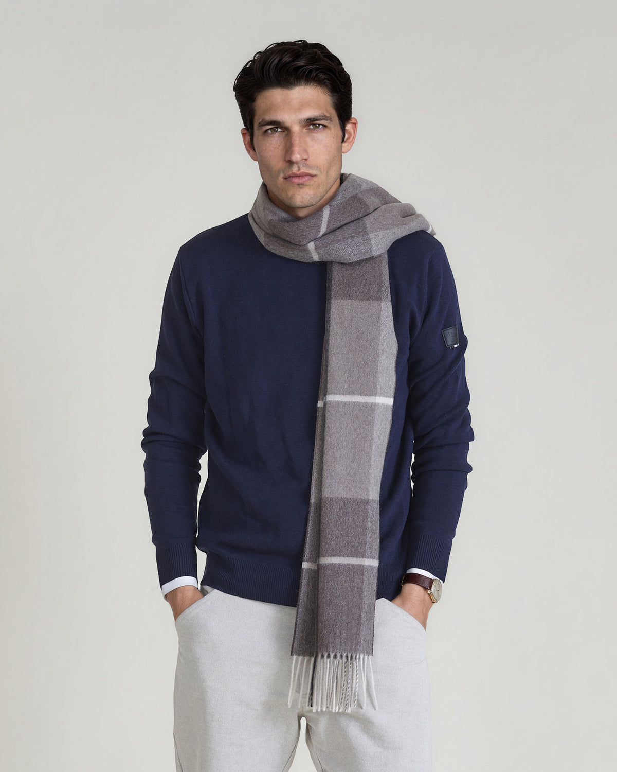 LANA-Scarf_light-grey_man-wearing-scarf #color_brown