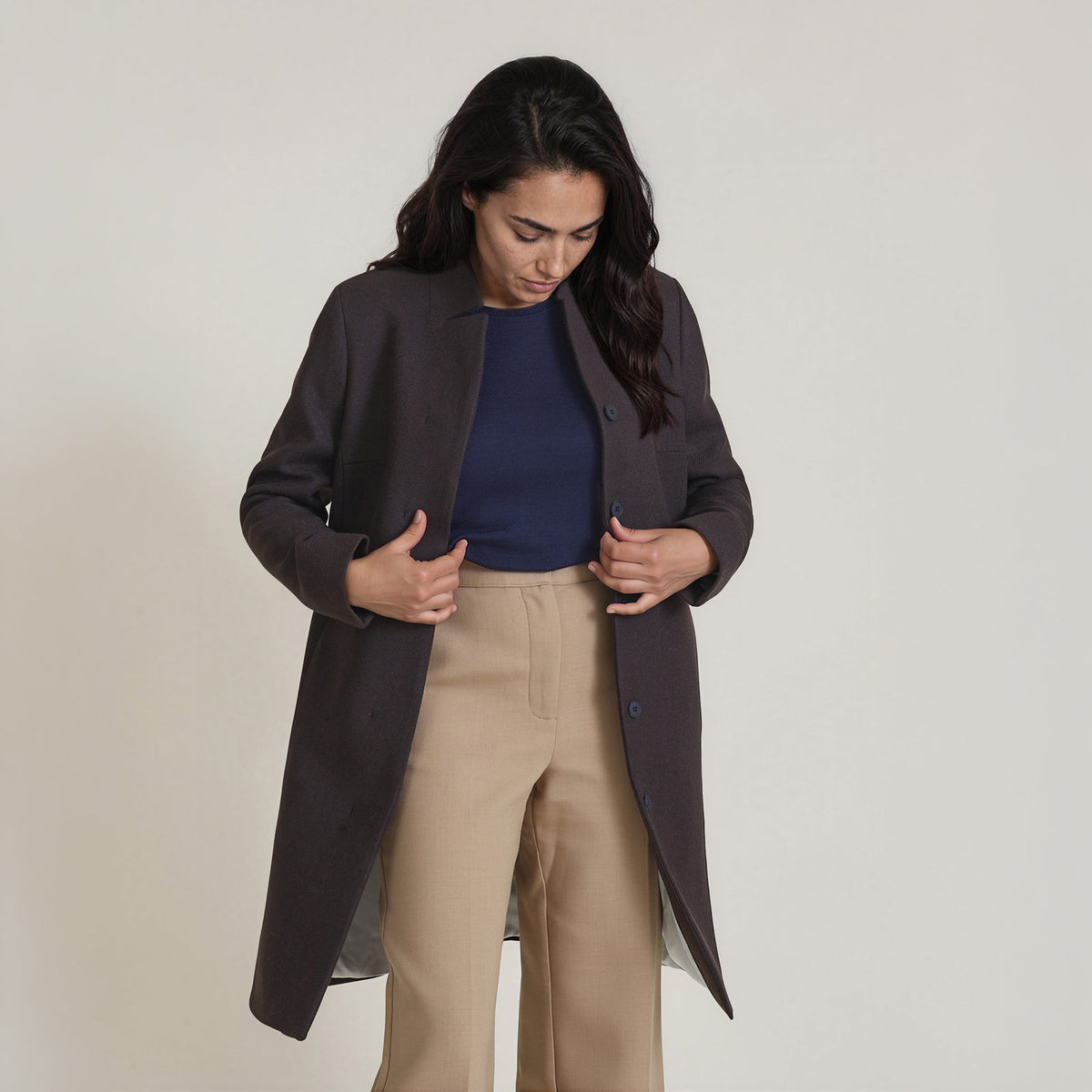 LANA-Coat_woman_dark-brown_front-open-detail #color_dark brown